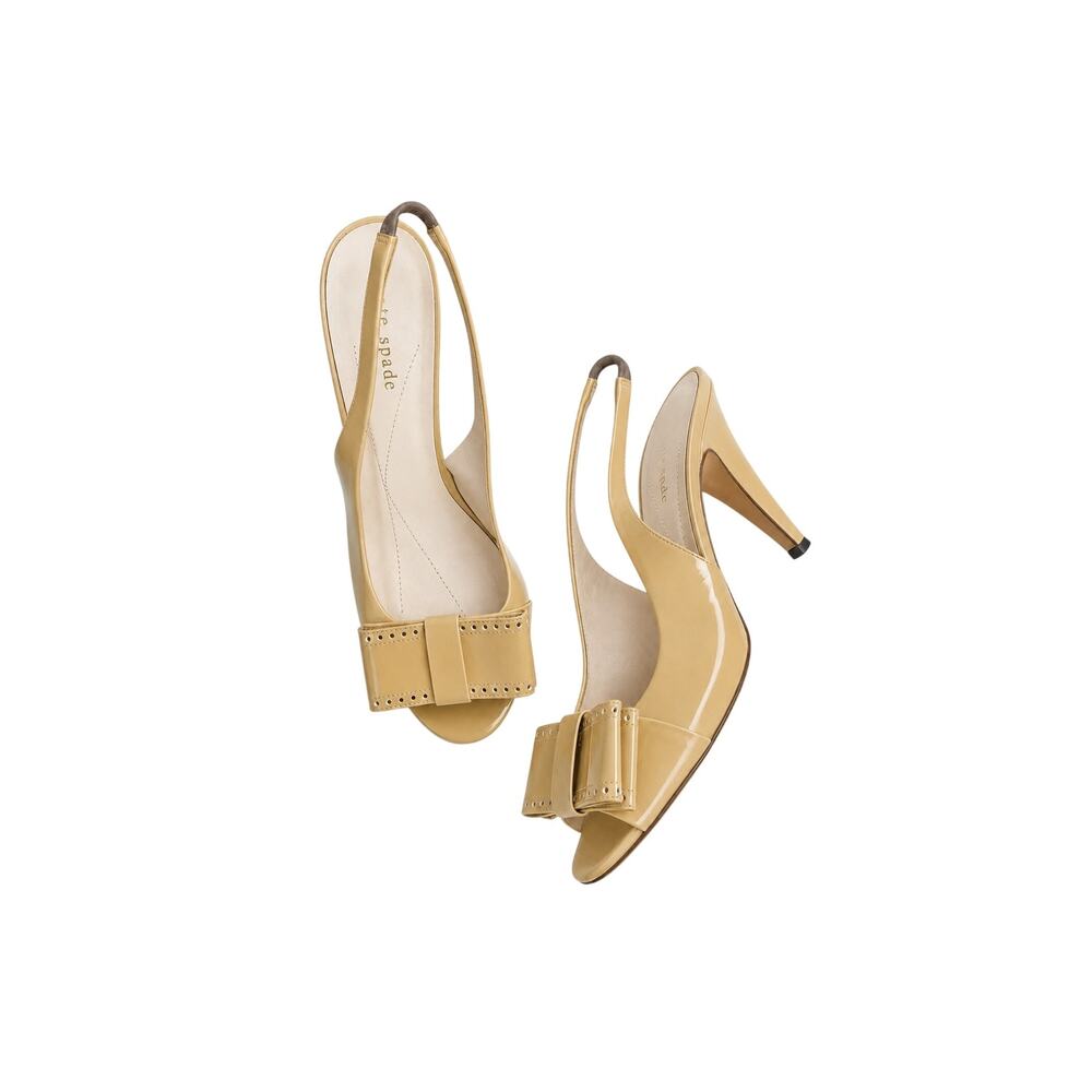 Kate Spade Y2K Beige Patent Bow Peep Toe Slingback Heels Made Italy Vero Cuoio